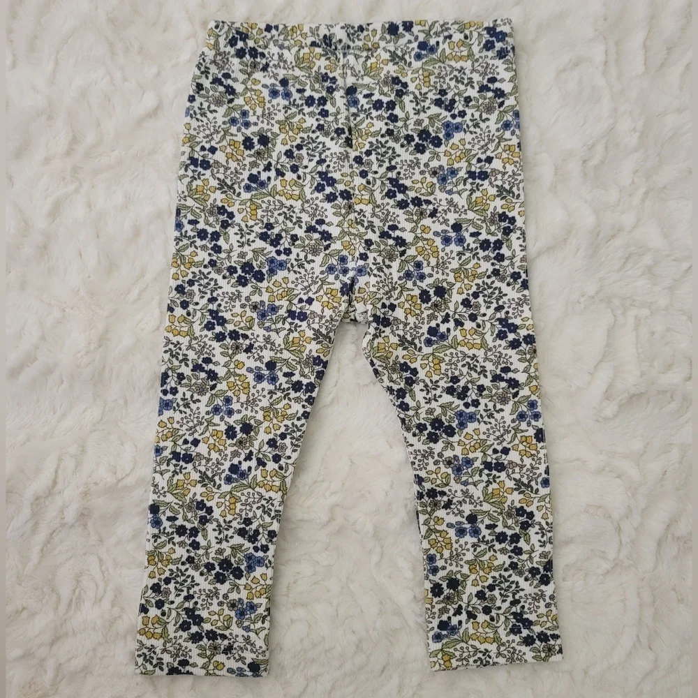Uniqlo Baby Girl Blue/Yellow Ribbed Floral Leggings Size 12-18 Months NWT - Picture 1 of 5